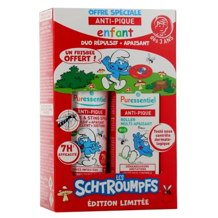 Anti-pique schtroumpfs dès 3 ans Puressentiel - coffret répulsif + apaisant + un frisbee offert