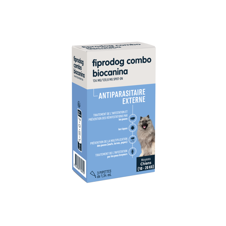 Fiprodog combo 134 mg/120,6 mg antiparasitaire externe moyens chiens (10-20kg) Biocanina - boîte de 3 pipettes de 1,34ml