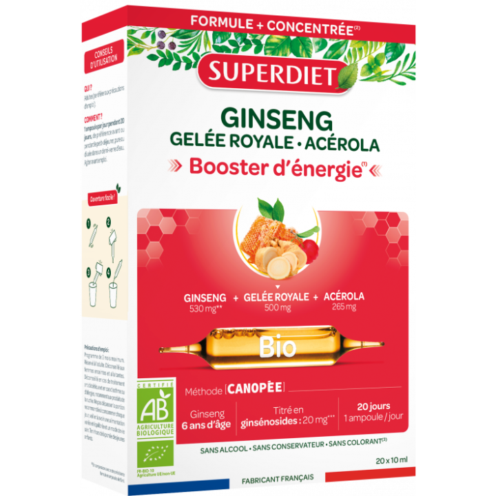 Ginseng gelée royale acérola bio Super Diet - boite de 20 ampoules de 10ml