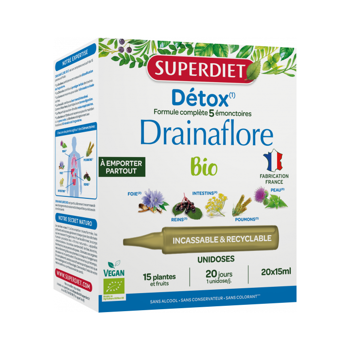 Drainaflore détox bio Superdiet - boîte de 20 unidoses de 15ml
