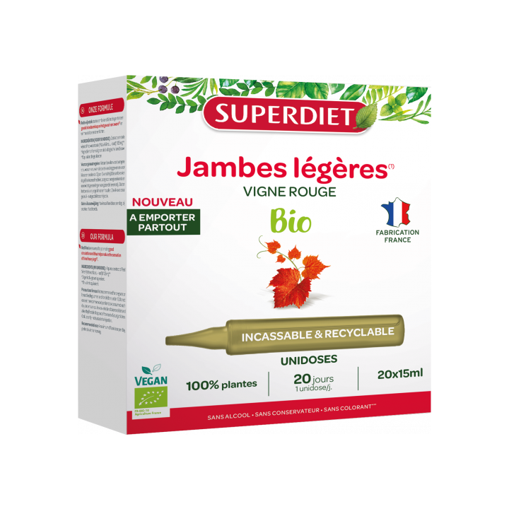 Jambes légères vigne rouge Superdiet - boîte de 20 unidoses de 15ml