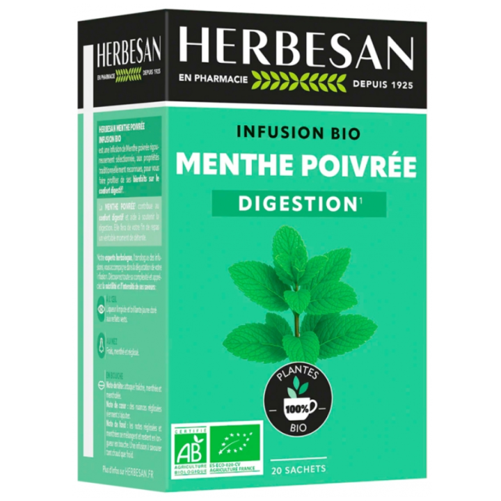 Infusion confort digestif menthe poivrée bio Herbesan - boîte de 20 sachets