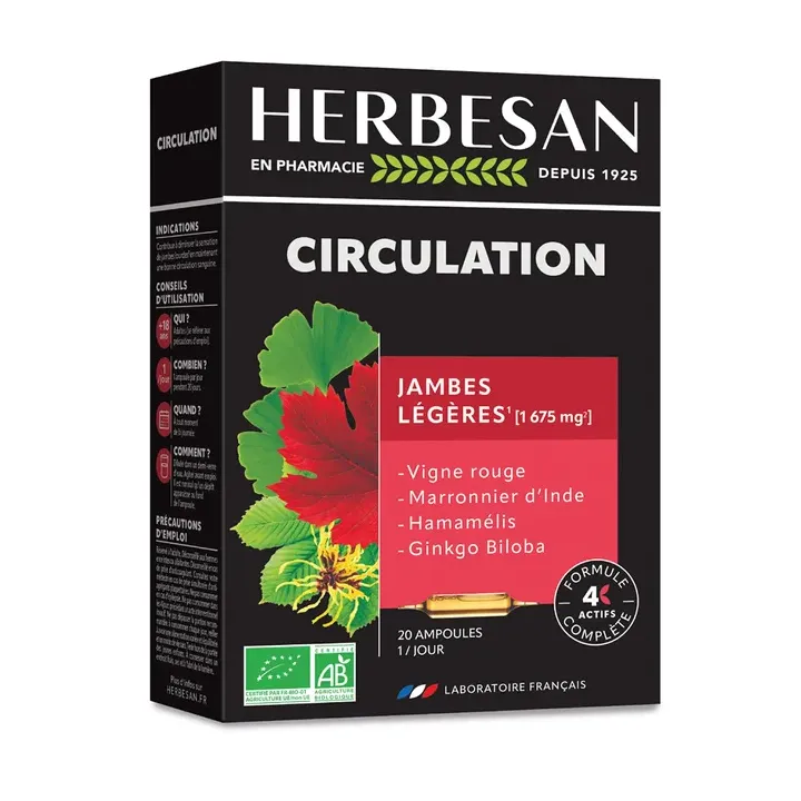 Circulation Jambes légères bio Herbesan - boite de 20 ampoules