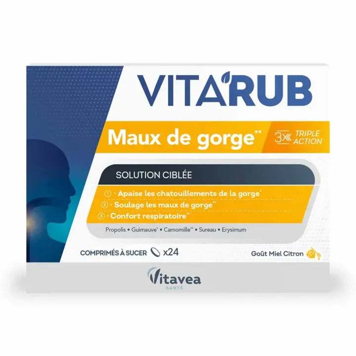 Vita'Rub gorge goût miel citron Vitavea Santé - boîte de 24 comprimés à sucer  