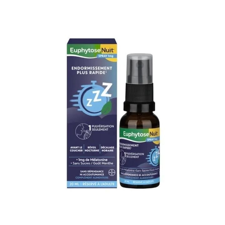 Euphytose Nuit spray 1mg de mélatonine sans sucre gout menthe - spray de 20ml