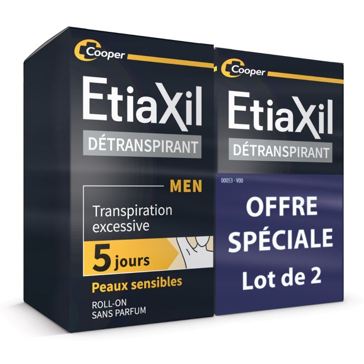 Détranspirant Men homme aisselles peau sensible Etiaxil - lot de 2 roll-on de 50 ml