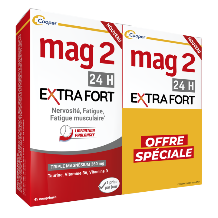 Mag2 extra fort 24h Cooper - offre spéciale lot de 2 boîtes de 45 comprimés