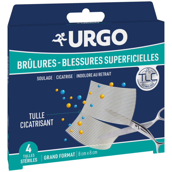 Tulles stériles cicatrisants brûlures et blessures superficielles Urgo - boîte de 4 tulles 8x8 cm