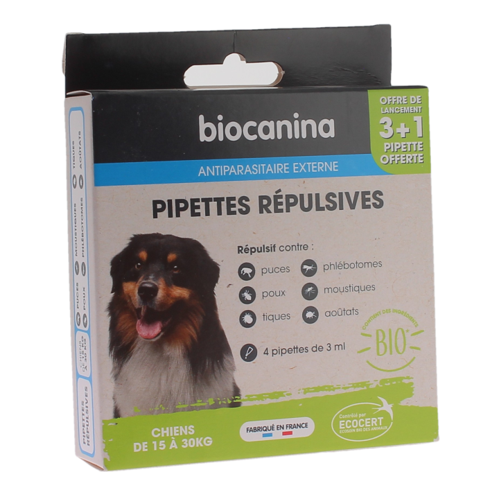Pipettes répulsives pour chien de 15 à 30 kg Biocanina - boite de 3 pipettes de 3 ml + 1 offerte