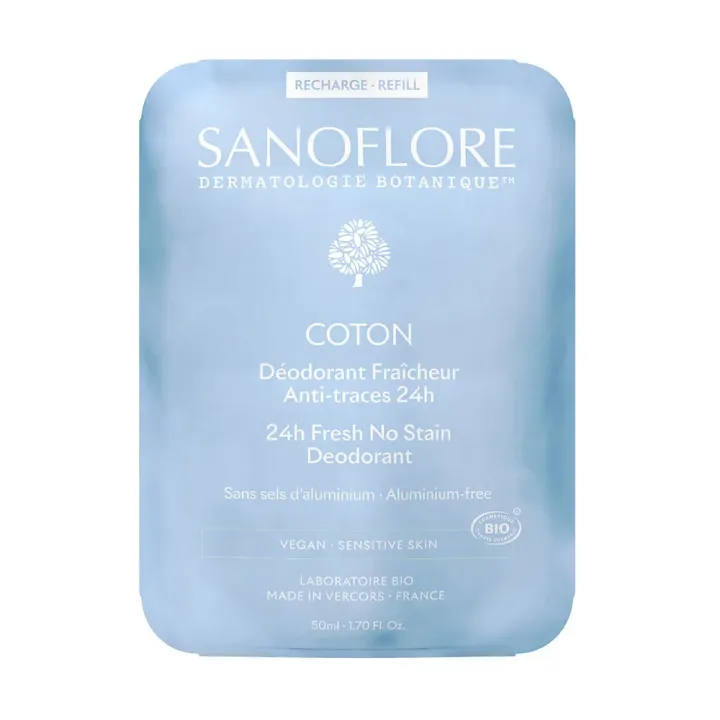 Déodorant Coton fraîcheur anti-traces 48h bio Sanoflore - recharge de 50ml