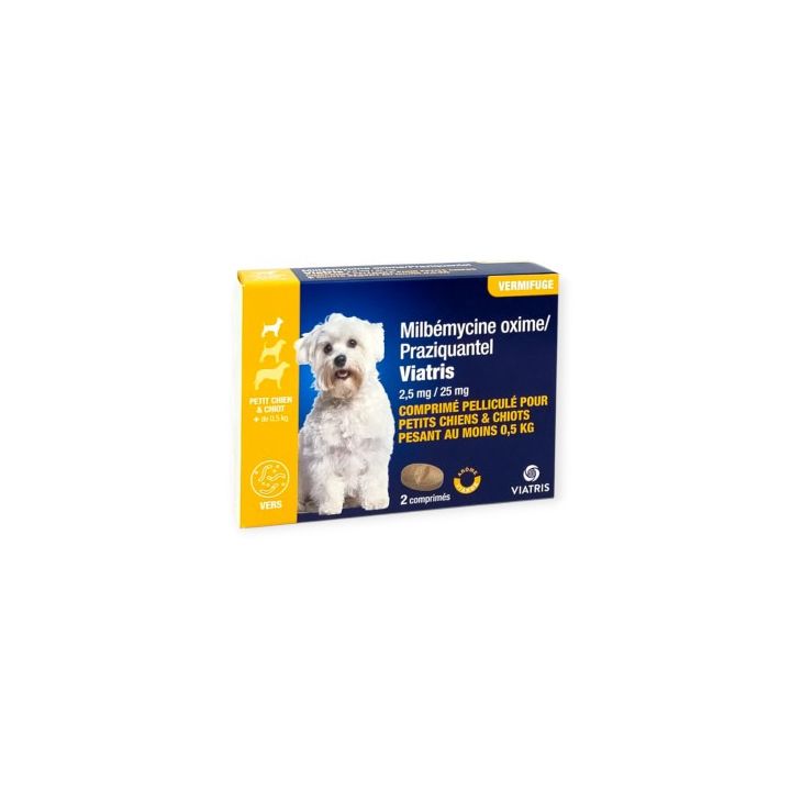 Milbémycine Praziquantel Vermifuge petit chien et chiot +0,5kg arôme viande Viatris - boite de 2 comprimés