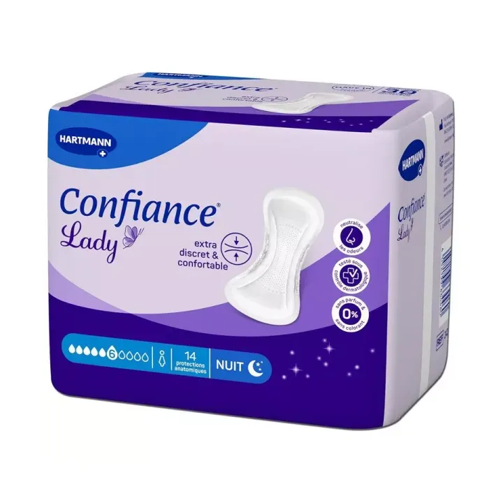 Confiance Lady Protections anatomiques nuit 6 gouttes Hartmann - sachet de 14 protections absorbantes