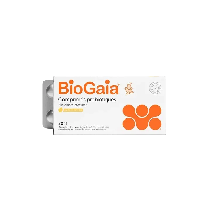 Probiotiques microbiote intestinal arôme citron BioGaia - boite de 30 comprimés à croquer