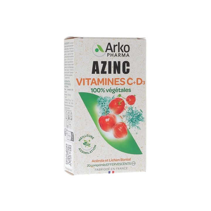 Azinc Vitamines C + D3 Arkopharma - boîte de 20 comprimés effervescents