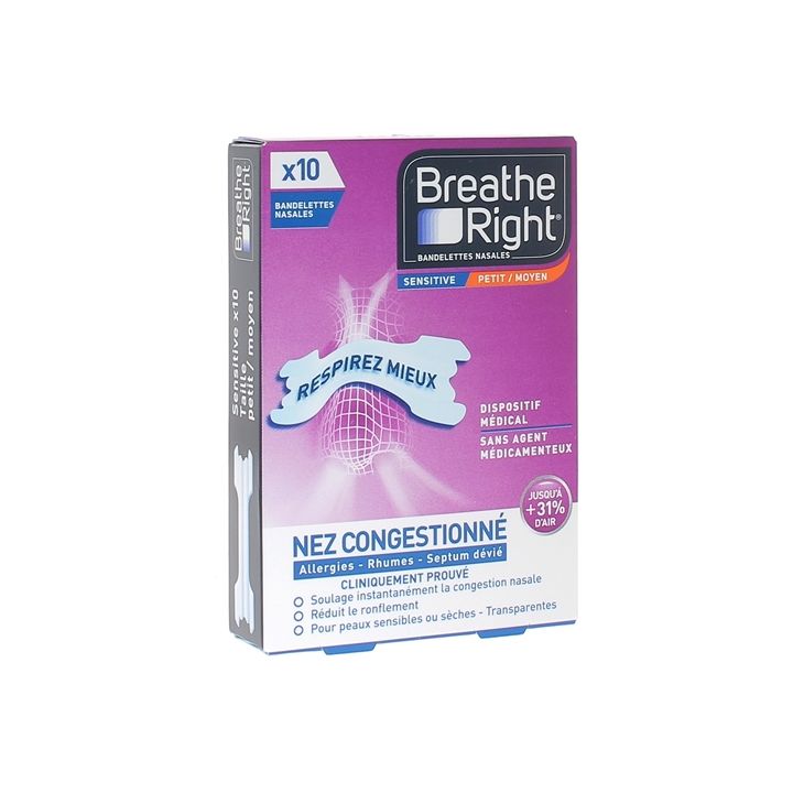 Bandelettes nasales sensitive Breathe Right - boite de 10 bandelettes transparentes