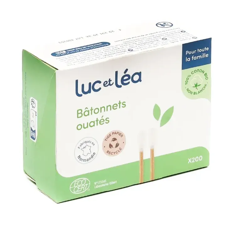 Bâtonnets ouatés tige en papier recyclé Luc et Léa - boîte de 200 bâtonnets