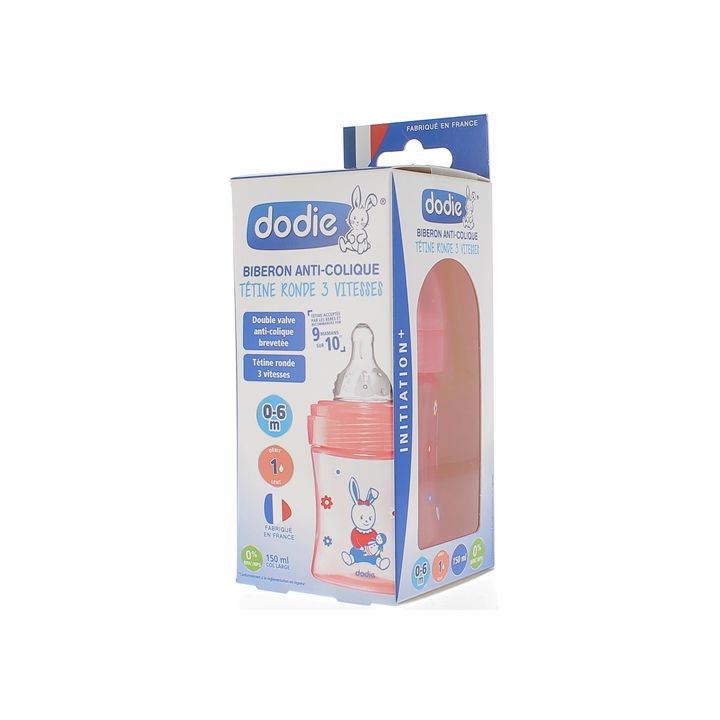 Biberon Initiation+ tétine ronde 3 vitesses rose poupée 0-6mois Dodie - Biberon de 150ml