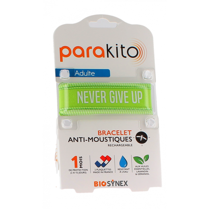 Bracelet anti-moustiques rechargeable Never give up Parakito - 1 bracelet + 2 recharges