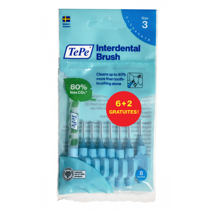 Brossettes interdentaires originales bleu taille 3 (0.6 mm) TePe - 6 brossettes + 2 gratuites