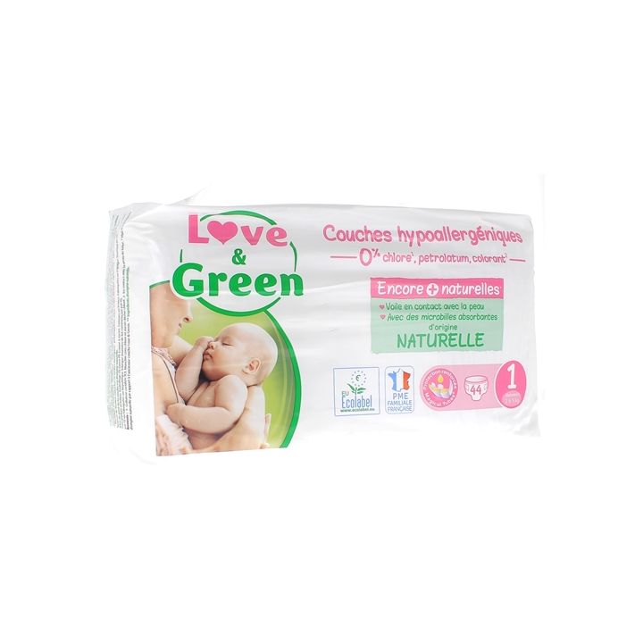 Couches hypoallergéniques taille 1 Love & Green - paquet de 44 couches