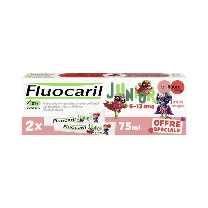 Dentifrice junior 1ères dents définitives fruits rouges Fluocaril - lot de 2 tubes de 75 ml