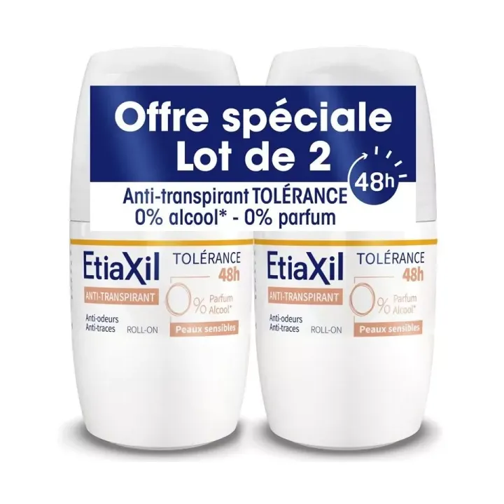 Déodorant anti-transpirant 48h peaux sensibles Etiaxil - lot de 2 roll-on de 50ml