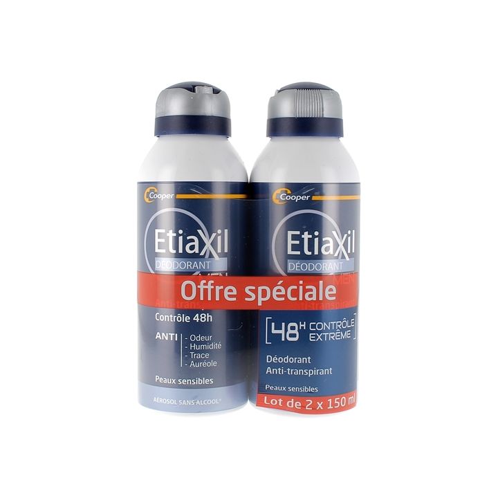 Déodorant homme anti-transpirant contrôle 48h Etiaxil - lot de 2 aérosols de 150 ml