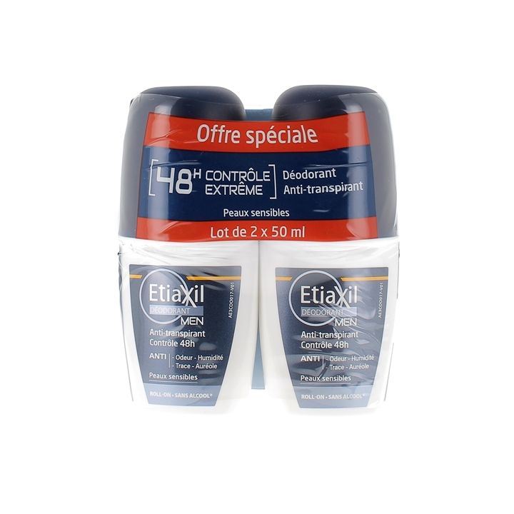 Déodorant homme anti-transpirant contrôle 48h Etiaxil - lot de 2 roll-on de 50ml