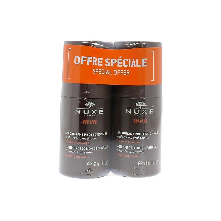 Déodorant protection 24H anti-traces et anti-tâches homme Nuxe - lot de 2 roll-on de 50 ml
