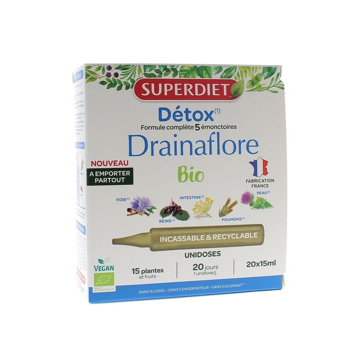 Drainaflore détox bio Superdiet - boîte de 20 unidoses de 15ml