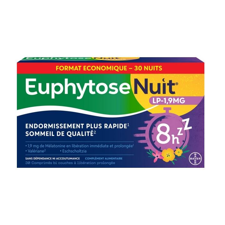 EuphytoseNuit® LP 1,9 mg mélatonine 30 comprimés à libération prolongée - boite de 24,8g
