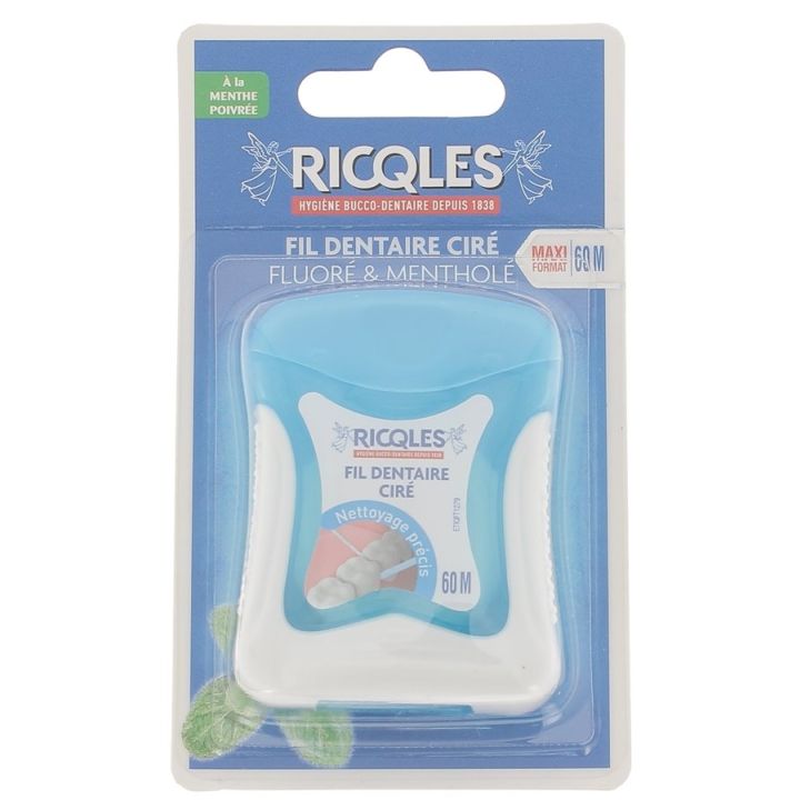 Fil dentaire ciré fluoré & mentholé Ricqles - fil de 60 m