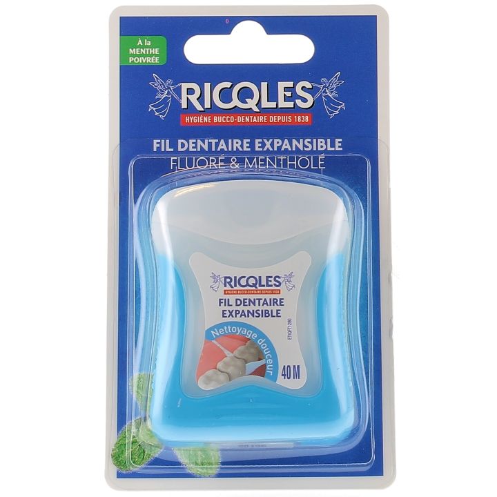 Fil dentaire expansible fluoré & mentholé Ricqles - 40 mètres