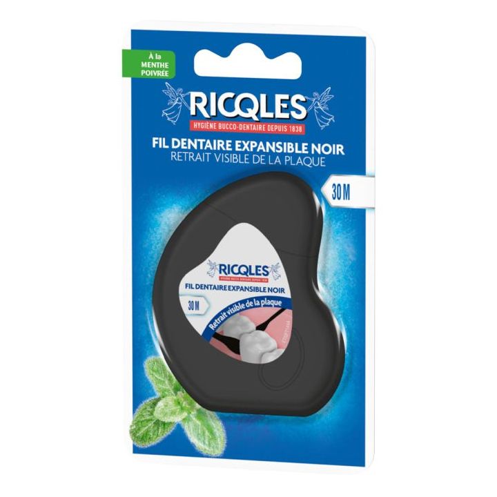 Fil dentaire expansible noir à la menthe poivrée Ricqlès - fil dentaire de 30m