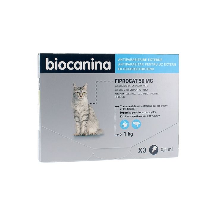 Fiprocat 50 mg Solution spot-on chats Biocanina - 3 pipettes de 0,5 ml