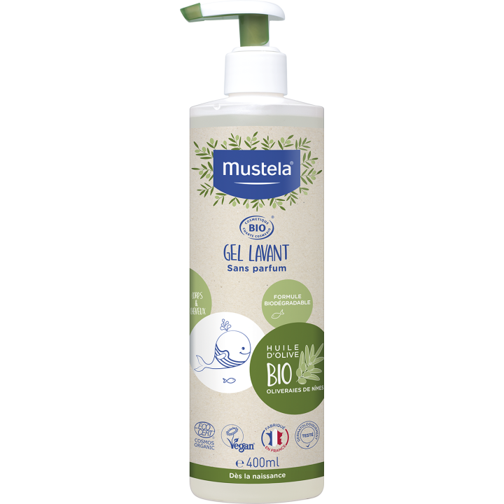 Gel lavant corps et cheveux sans parfum bio Mustela - flacon-pompe de 400 ml