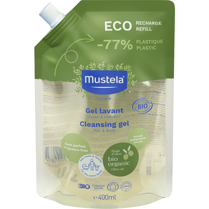 Gel lavant corps et cheveux sans parfum bio Mustela - éco-recharge de 400 ml