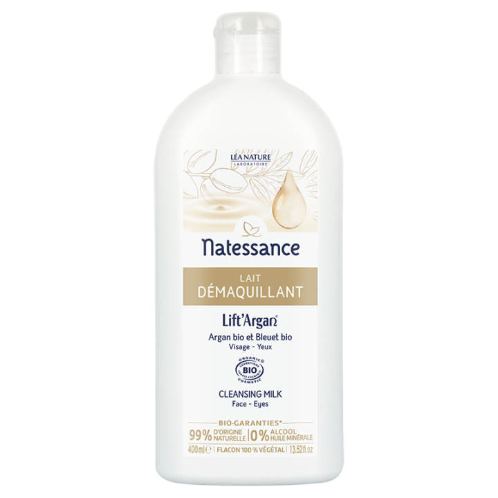 Lait démaquillant visage et yeux Lift'Argan Natessance - flacon de 400 ml