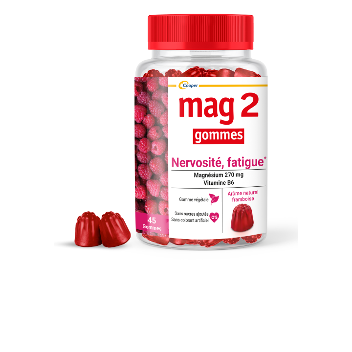 Mag2 Gommes goût framboise nervosité, fatigue Cooper - pot de 45 gommes