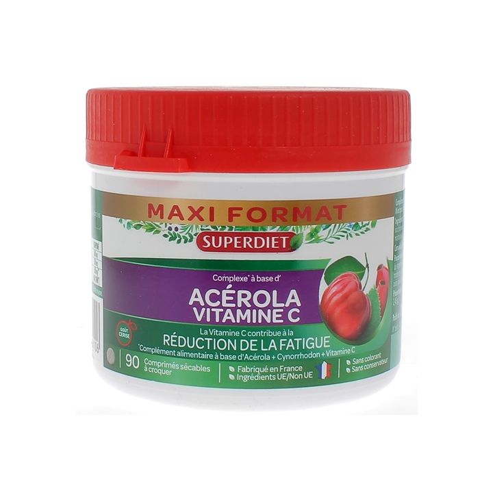 Maxi pot Acérola vitamine C Super Diet - 90 comprimés sécables à croquer