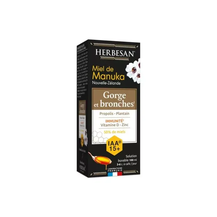 Miel de Manuka solution buvable gorges et bronches IAA 15+ Herbesan - flacon de 100ml
