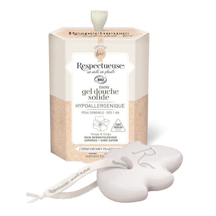 Mon gel douche solide hypoallergénique bio Respectueuse - pain de 75g