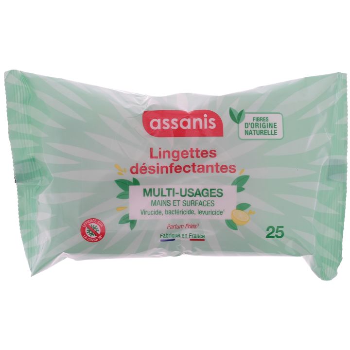 Lingettes désinfectantes multi-usages Assanis - paquet de 25 lingettes