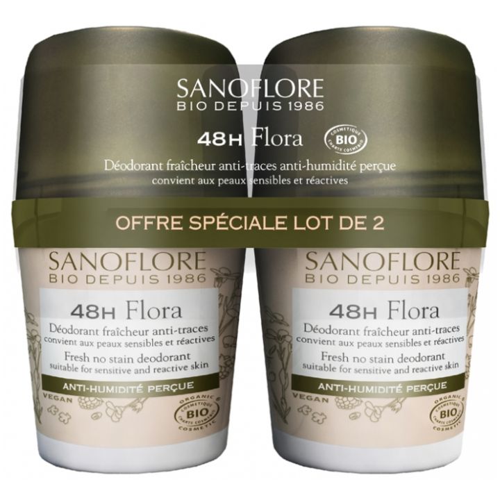 Flora déodorant efficacité 48h bio Sanoflore - lot de 2 roll-on de 50 ml