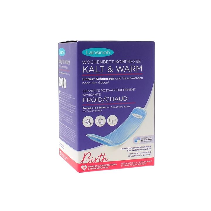 Serviette réutilisable flexible post accouchement apaisant froid/chaud Lansinoh - boîte d'une serviette + 12 pochettes jetables