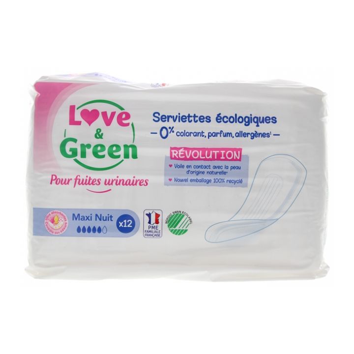 Serviettes écologiques fuites urinaires maxi nuit Love & Green - sachet de 12 serviettes
