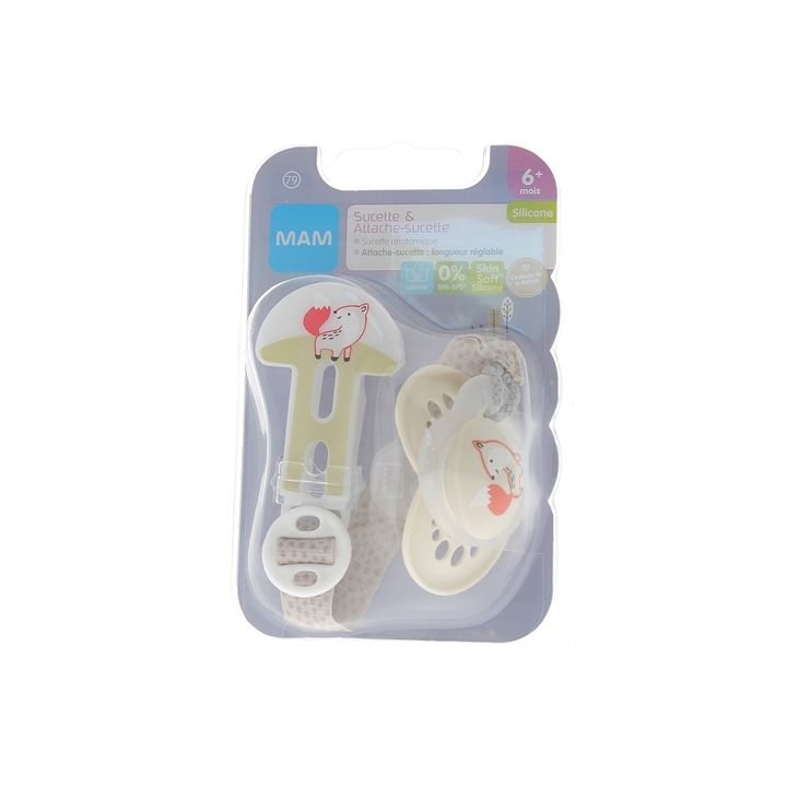 Sucette Perfect + attache-sucette silicone Colors of nature 6 mois et + Mam - attache sucette + sucette
