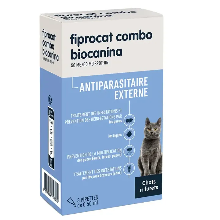 Fiprocat combo 50 mg/60 mg antiparasitaire externe chats et furets Biocanina - boîte de 3 pipettes de 0,5ml