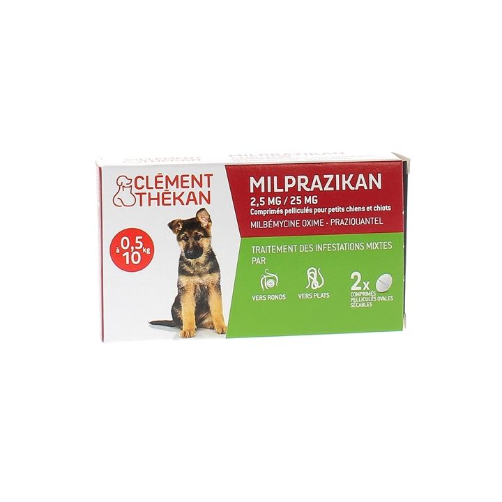 Milprazikan 2,5 mg / 25 mg comprimé pelliculé pour petits chiens Clément Thékan - boite de 2 comprimés péliculés
