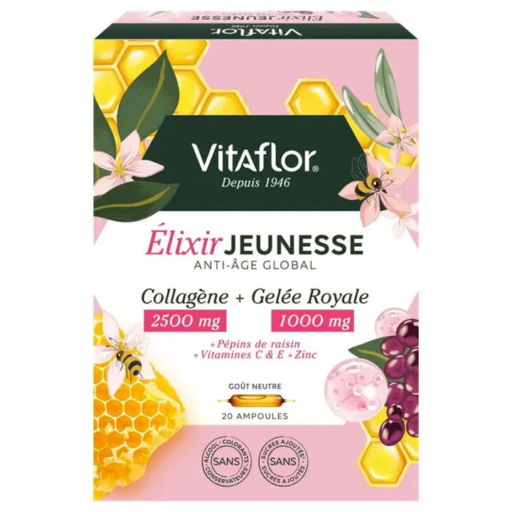 Élixir jeunesse anti-âge global goût neutre Vitalfor - boite de 20 ampoules